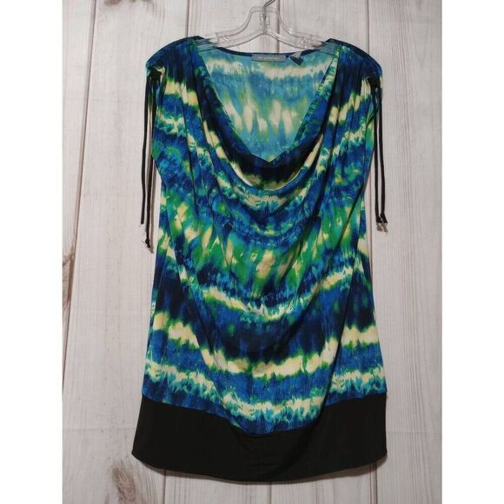 NY Collection Shirt Ladies Large Green Blue Cowl Neck Capped Sleeve‎